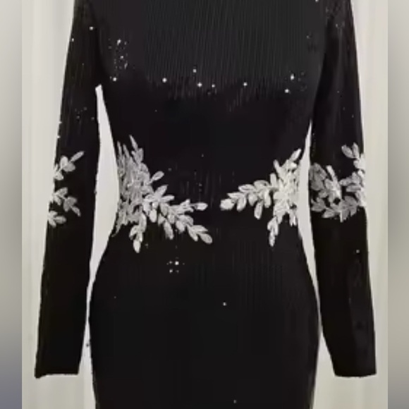 Retail $398 Rose and Lily Black Sequin Dress with Floral Accents - Picture 7 of 11